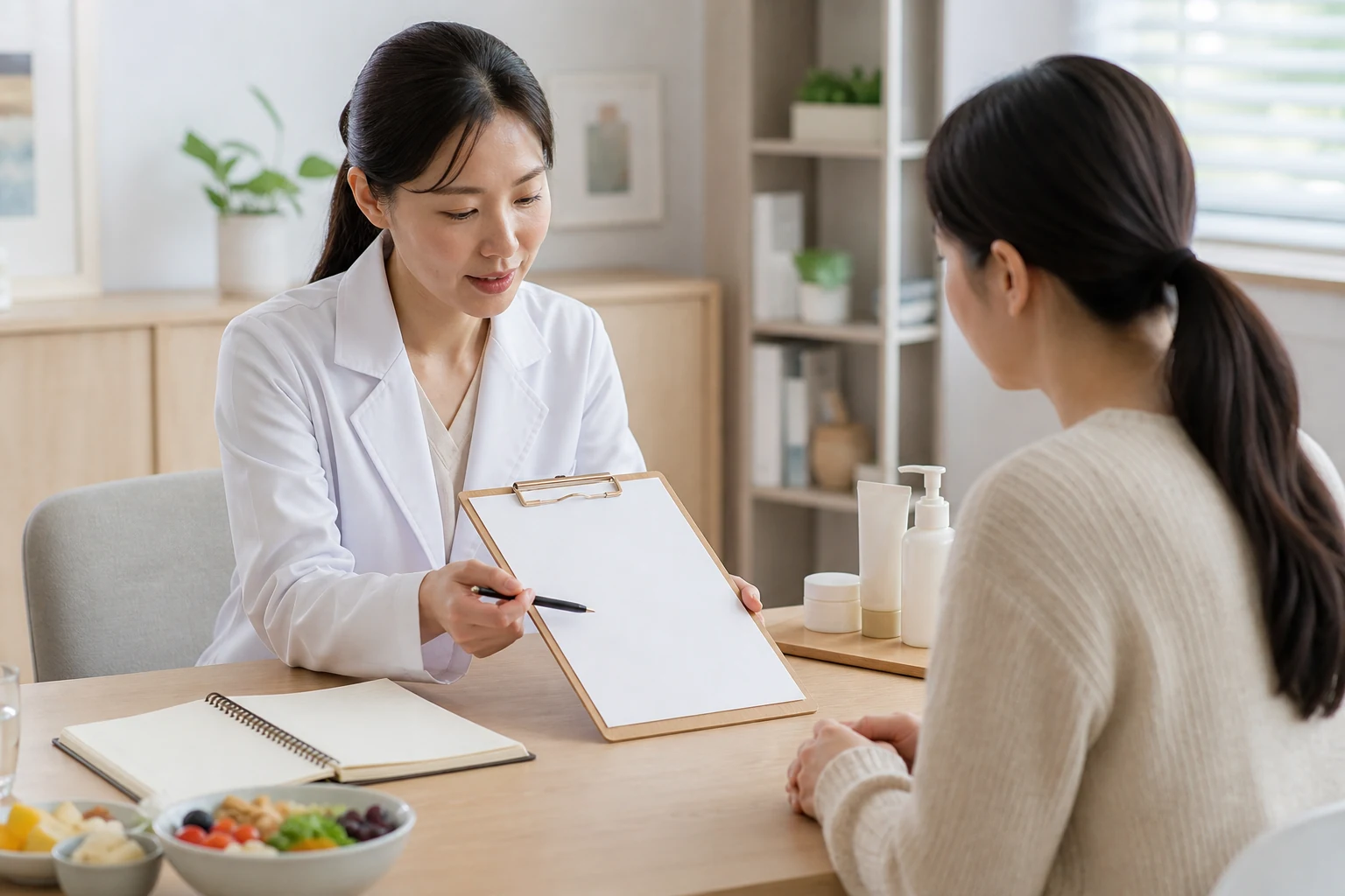 음식 뒤 알레르기 반응의 시점과 안전 신호를 상담하는 한국인 환자와 의료진