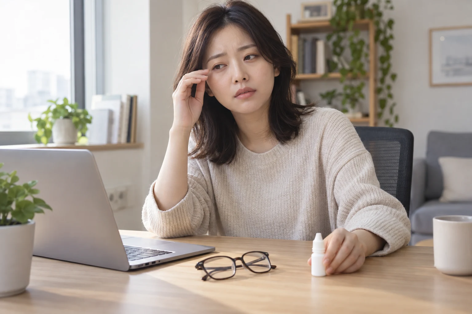 노트북 앞에서 눈 주변에 손을 대고 작은 병을 탁자에 내려놓은 여성