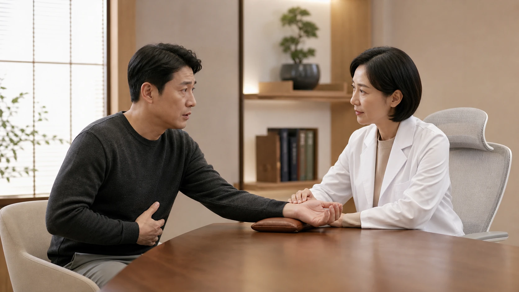 남성이 아랫배 불편을 설명하며 의료진에게 맥진을 받는 진찰 장면