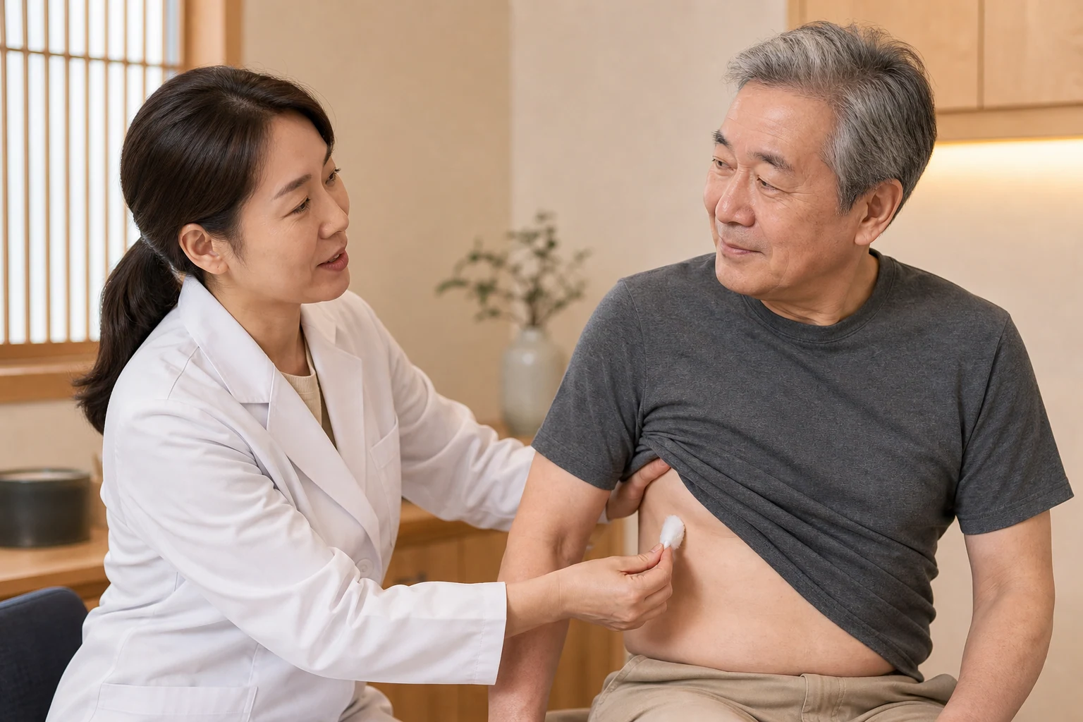 의료진이 부드러운 솜으로 옆구리의 접촉 감각을 살피는 진찰 장면