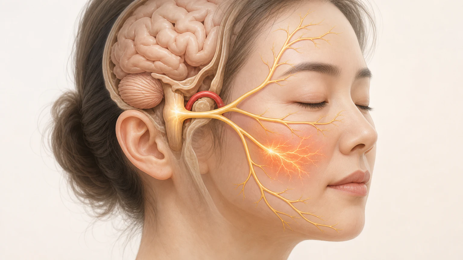 얼굴 옆모습에 뇌간 부근과 이마·볼·턱으로 뻗는 신경 가지를 겹쳐 보여 주는 개념 그림