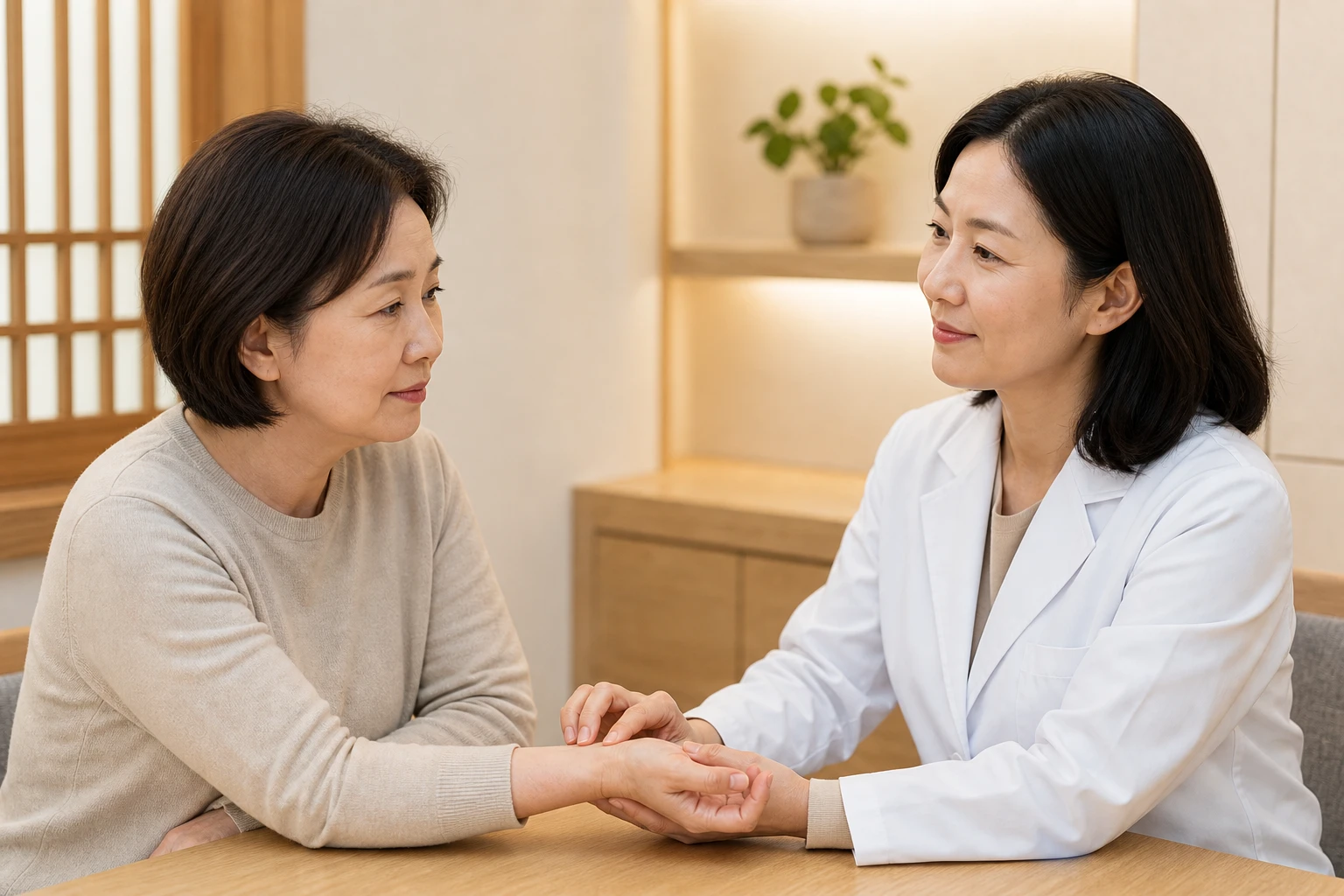 손목 맥을 살피며 환자의 이야기를 듣는 의료진