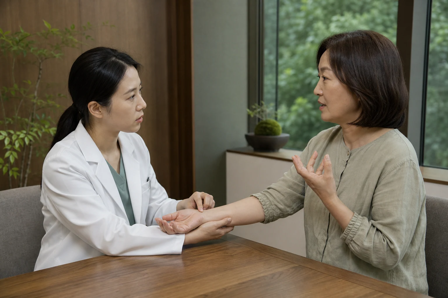 손목의 맥을 짚으며 손의 불편을 듣는 진찰 예시 장면