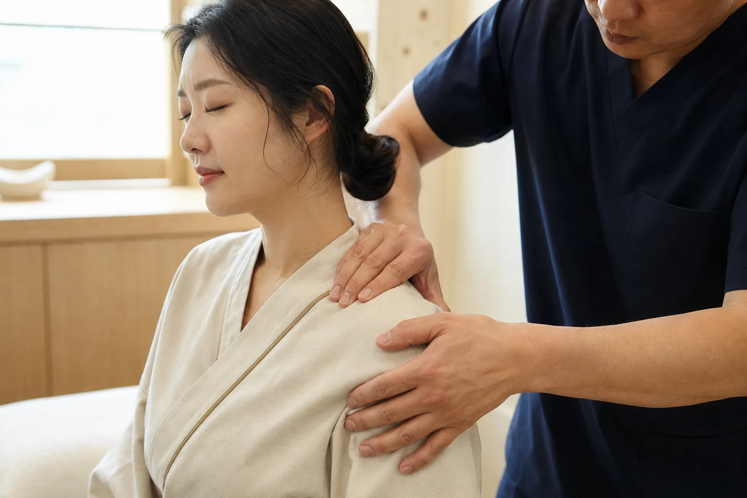 어깨와 견갑대 주변을 살피는 진찰 장면을 표현한 이미지
