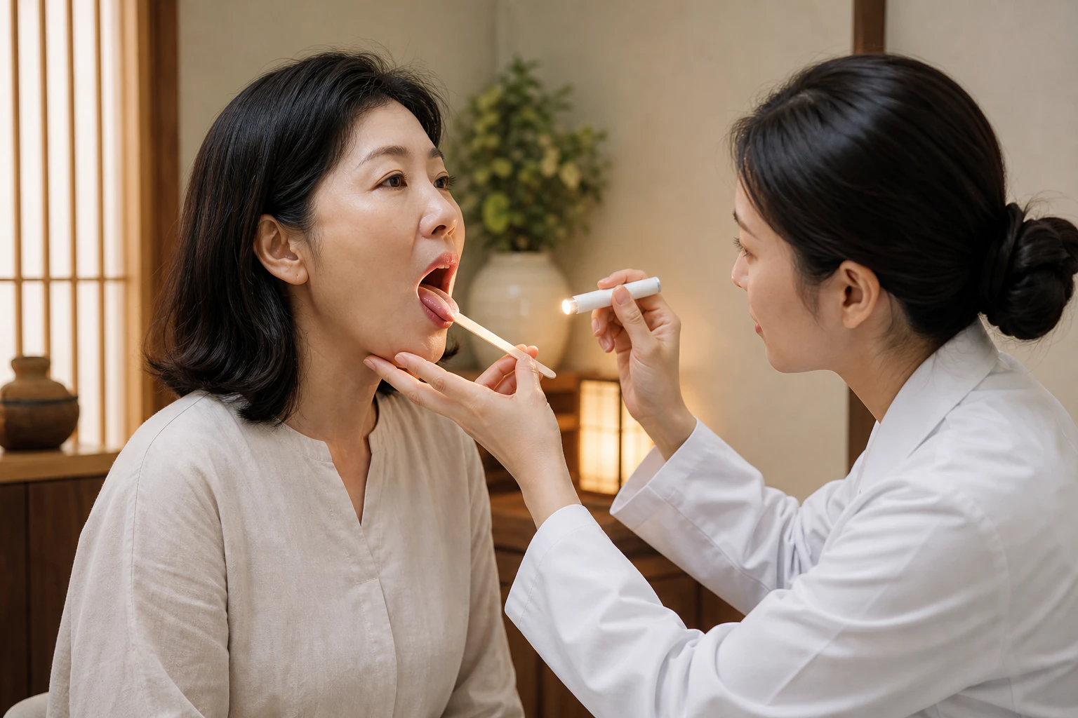 의료진이 조명과 설압자로 환자의 혀와 입안을 살피는 진찰 장면