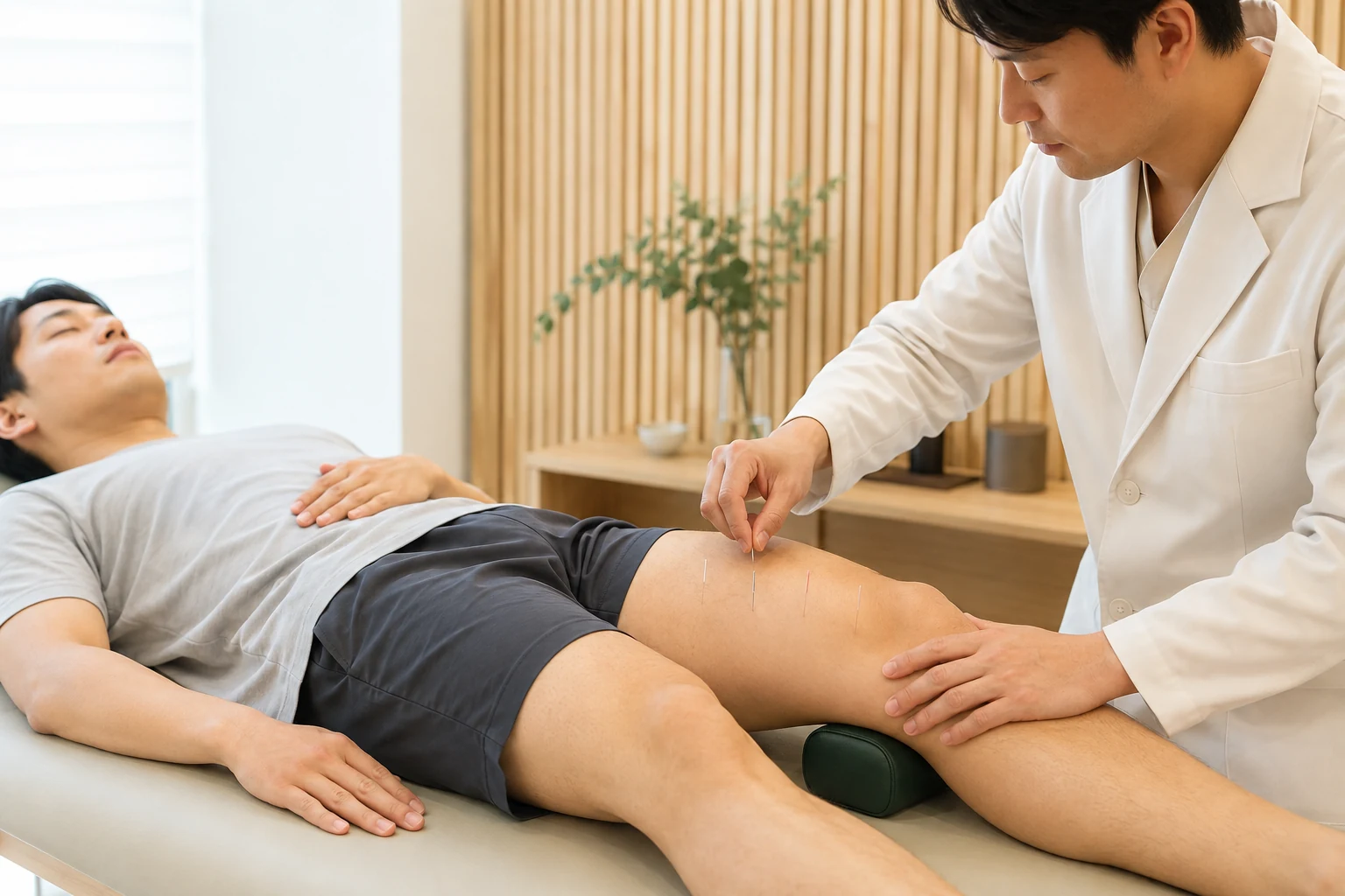 다리를 받친 자세에서 앞허벅지에 침치료를 시행하는 예시
