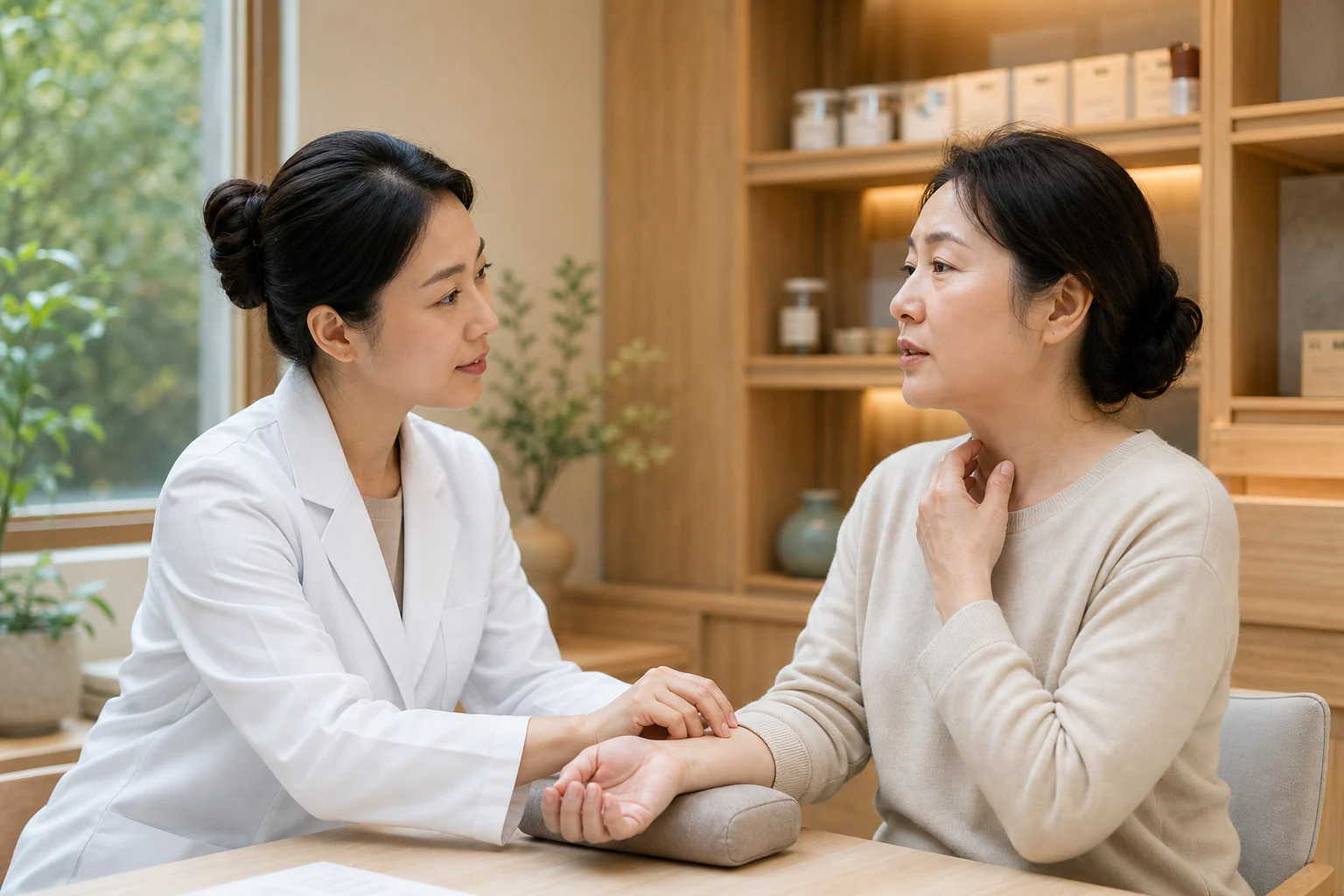 목 앞을 짚으며 이야기하는 환자의 손목 맥을 살피는 의료진
