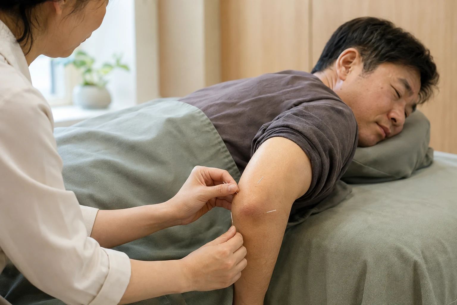 엎드린 자세에서 팔꿈치 주변 침 치료를 표현한 이미지