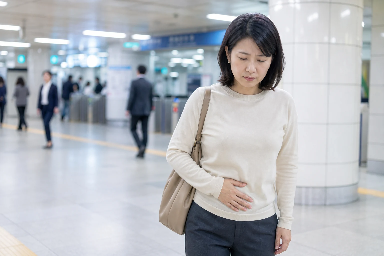 걸음을 멈추고 아랫배 불편을 살피는 여성의 예시 장면
