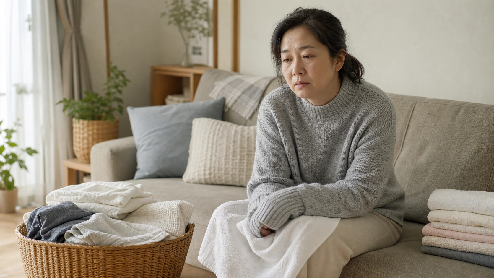 빨랫감을 무릎에 놓고 소매로 손을 감싼 채 소파에 앉아 쉬는 여성
