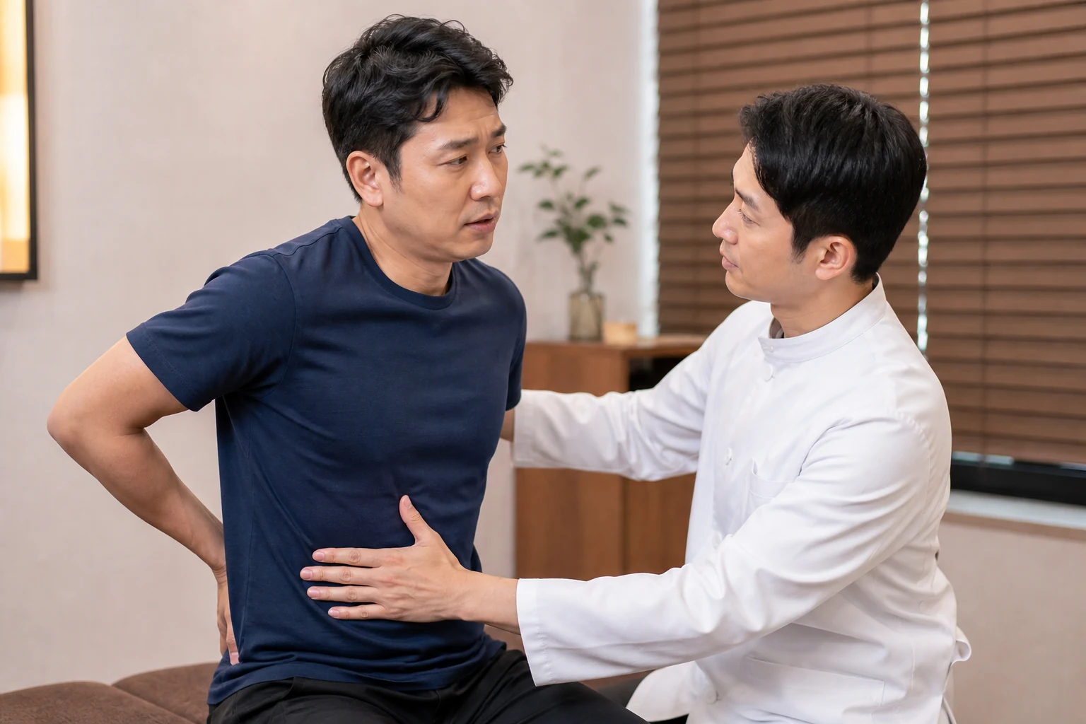 앉은 환자의 몸통에 손을 대어 살피며 대화하는 의료진
