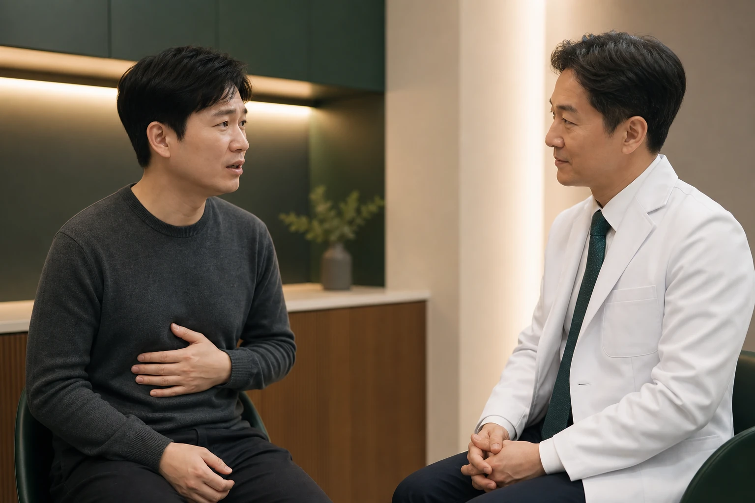 윗배에 손을 대고 불편을 설명하는 환자와 마주 앉은 의료진