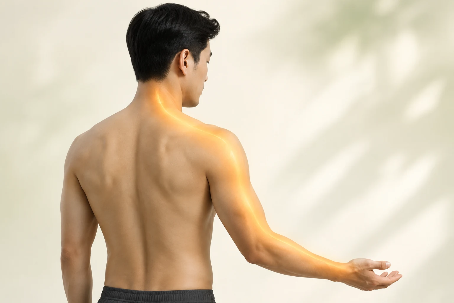 온전한 피부 위에서 한쪽 아래 목부터 같은 쪽 어깨와 팔로 이어지는 경추성 팔통증의 방향을 부드러운 금빛으로 표현한 이미지