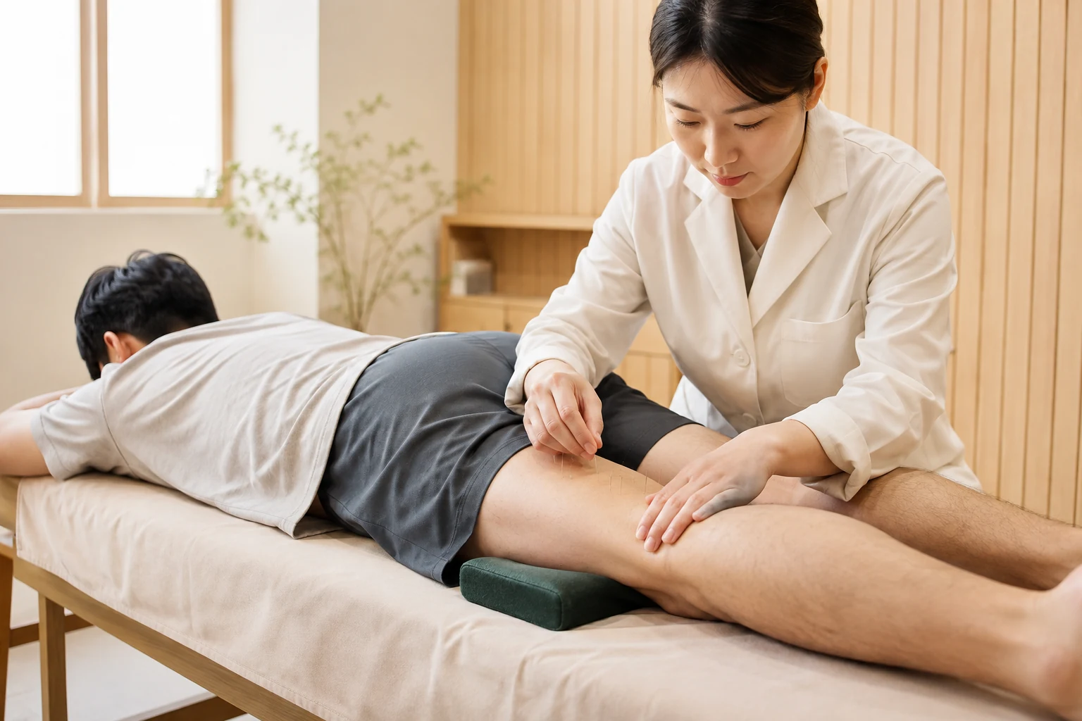 엎드린 자세에서 뒤허벅지 주변 침 치료를 받는 장면