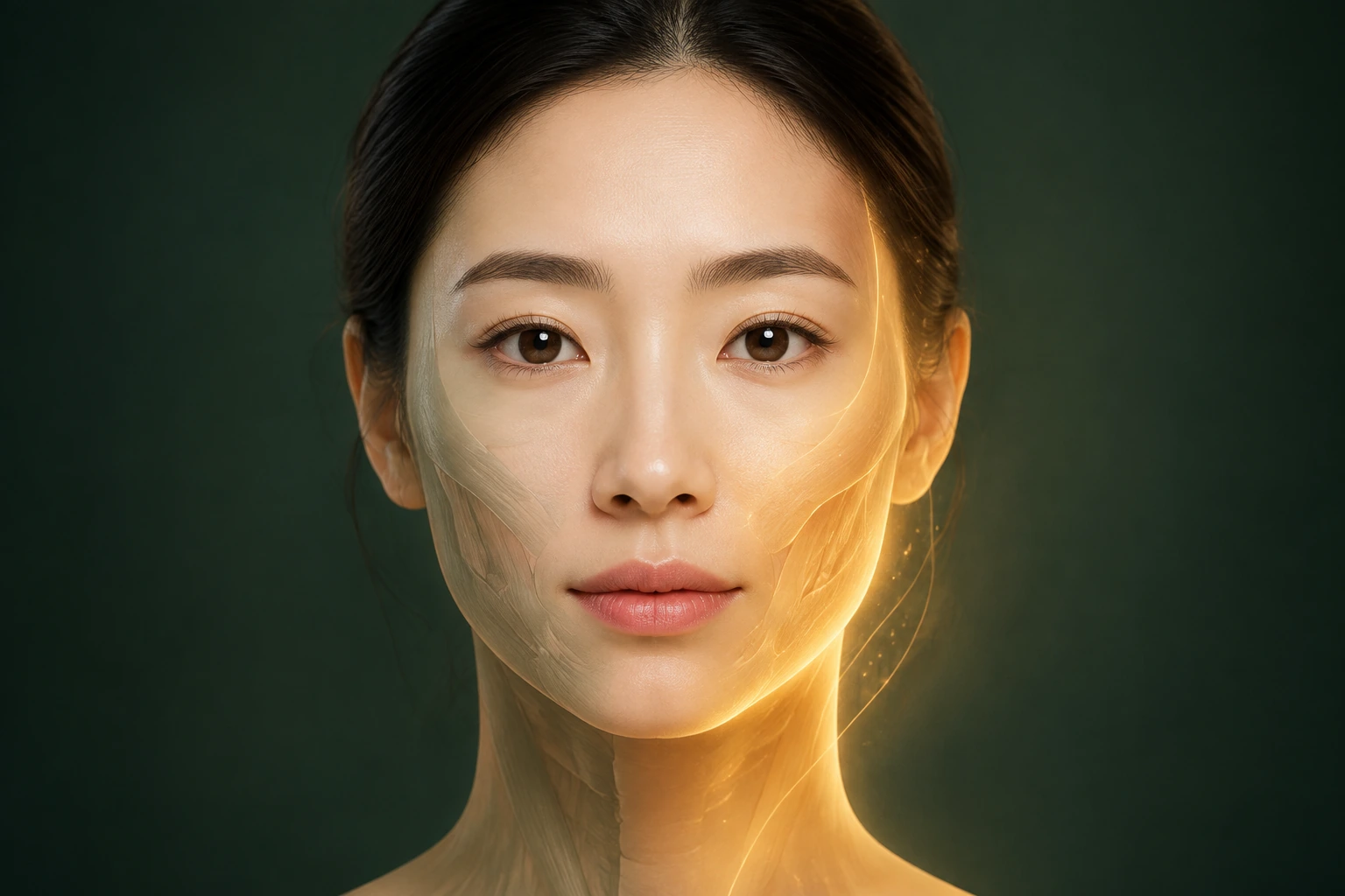 여성의 얼굴과 목 한쪽에 금빛을 겹쳐 표현한 개념 그림