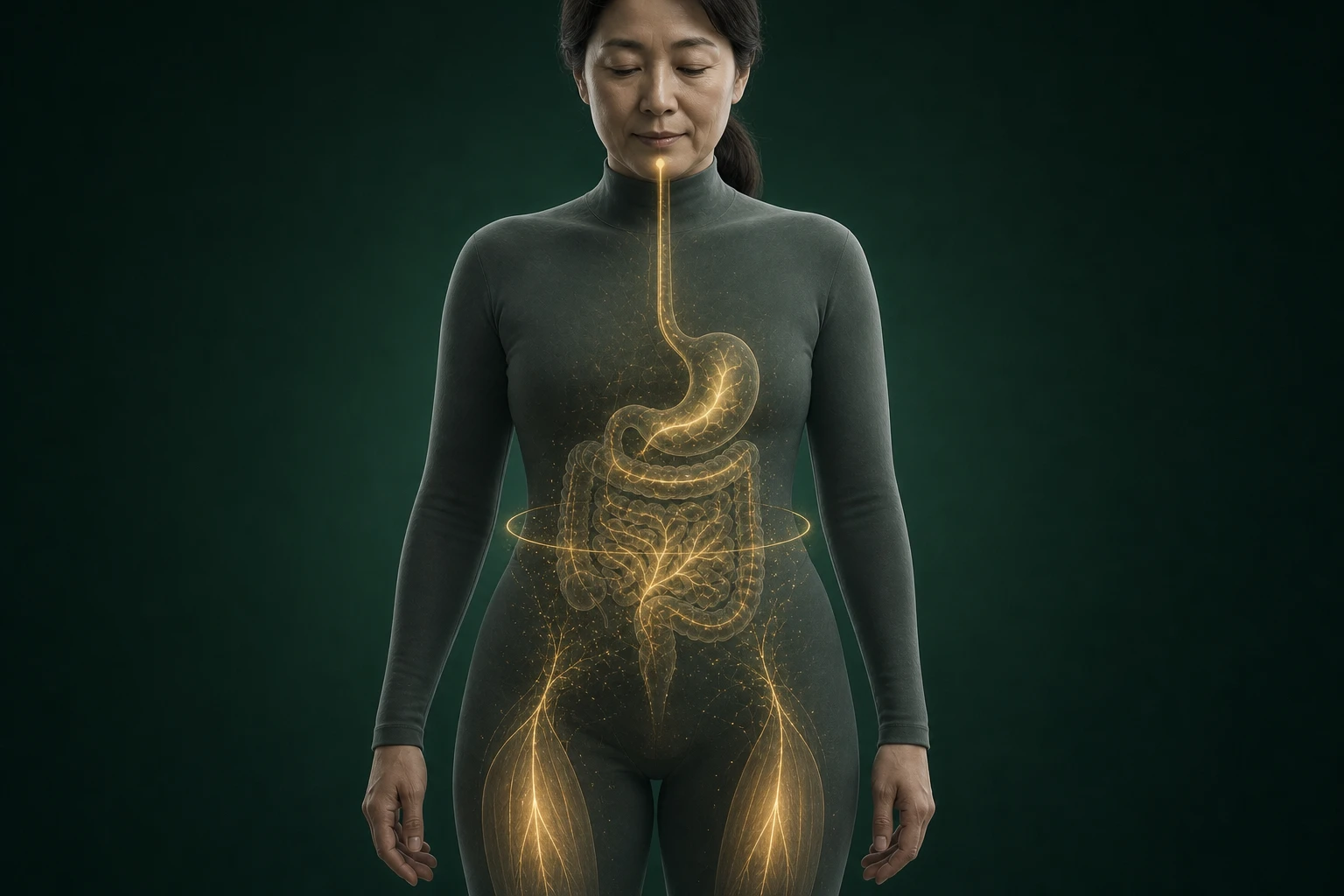 정면 인체에 위·장과 허벅지 부위의 경로를 금빛으로 표현한 설명 그림