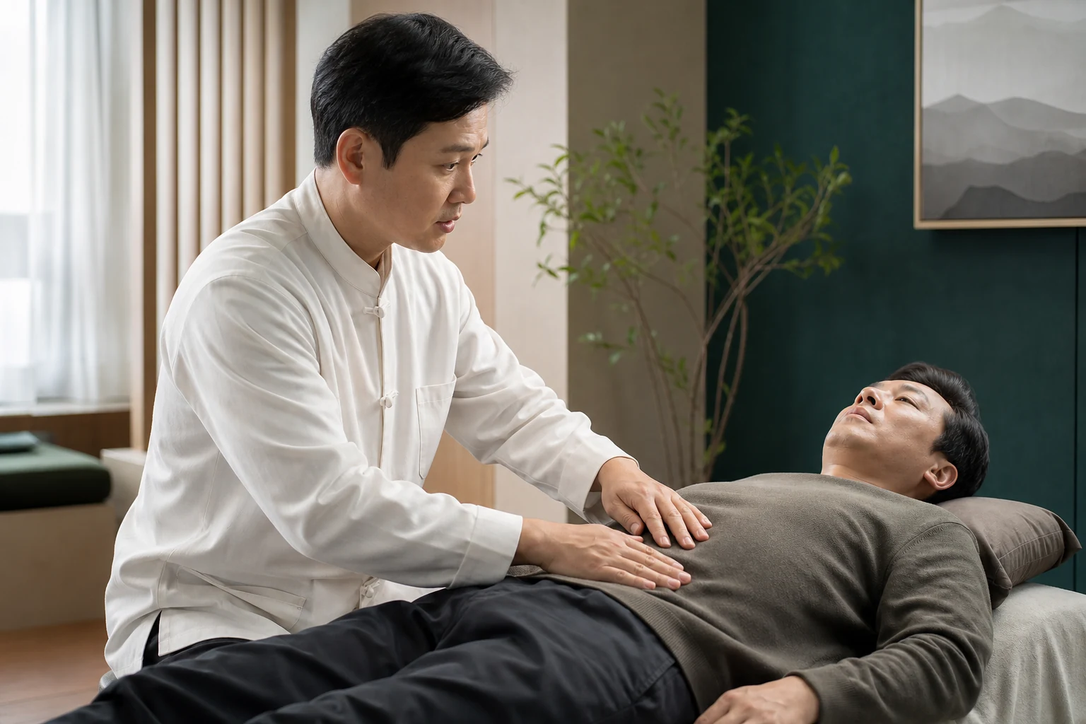 누운 성인의 복부를 옷 위로 손으로 살피는 진찰 예시