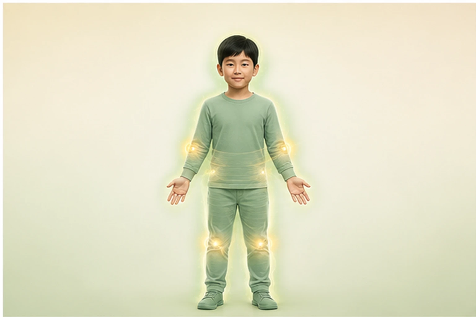 아이의 팔꿈치와 무릎 등을 금빛으로 강조한 증상 위치 개념 그림