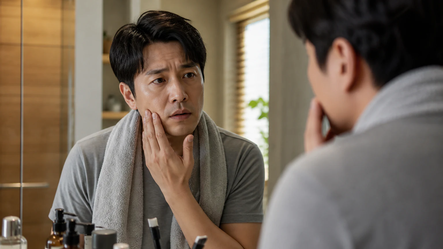 세면대 거울 앞에서 한쪽 볼을 만져 보는 남성