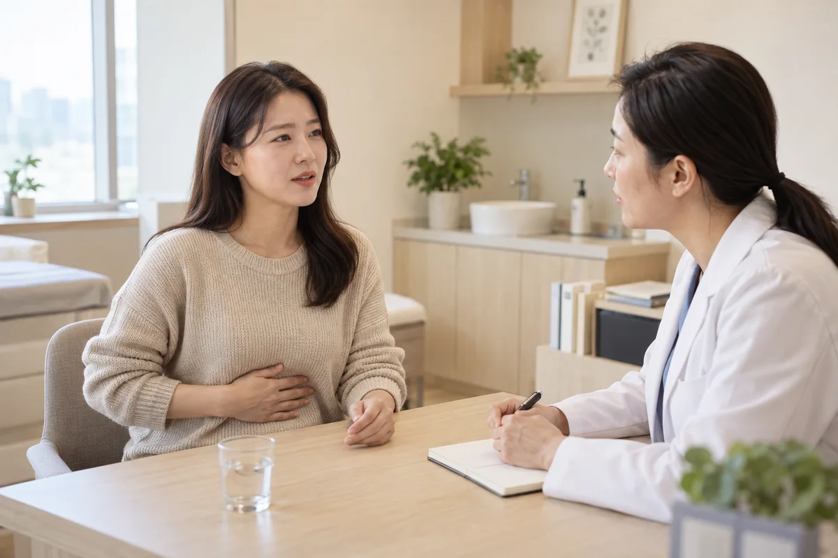 윗배의 불편을 의료진에게 이야기하는 성인 여성의 상담 장면을 표현한 이미지