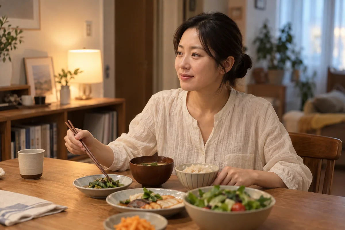 집에서 식사하는 성인 여성의 일상 장면을 표현한 이미지