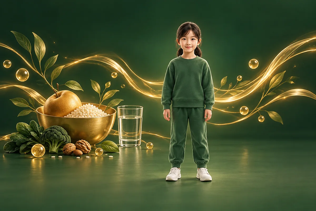짙은 초록색 옷을 입은 아이 옆에 곡식과 과일, 물컵을 배치한 금빛 개념 이미지