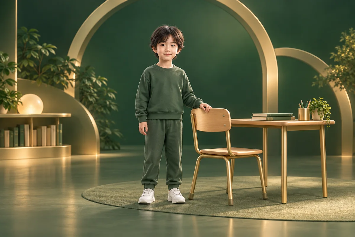 작은 의자에 한 손을 얹고 책상 옆에 서 있는 아이와 금빛 아치로 구성한 개념 이미지