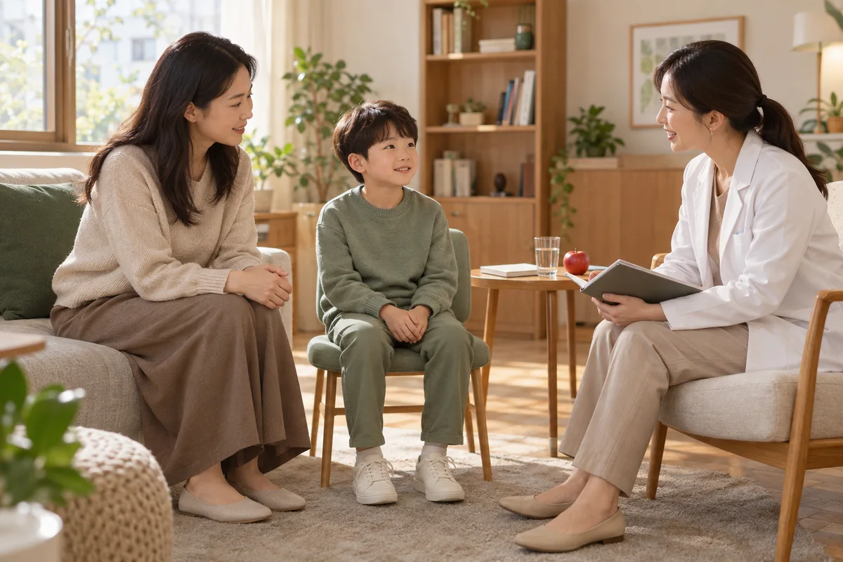 보호자와 아이가 밝은 상담실에서 의료진과 이야기를 나누는 장면