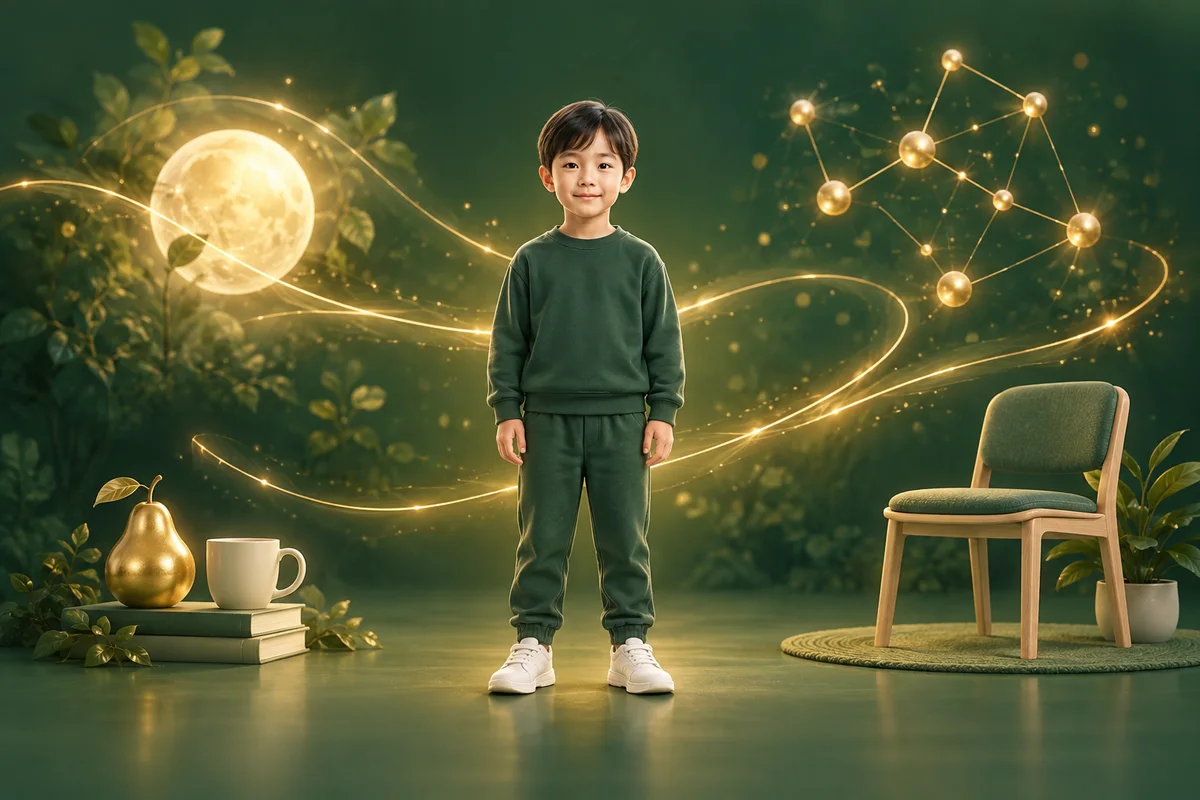 아이 주변에 과일과 컵, 은은한 빛, 연결된 구체와 의자를 함께 배치한 통합 개념 이미지
