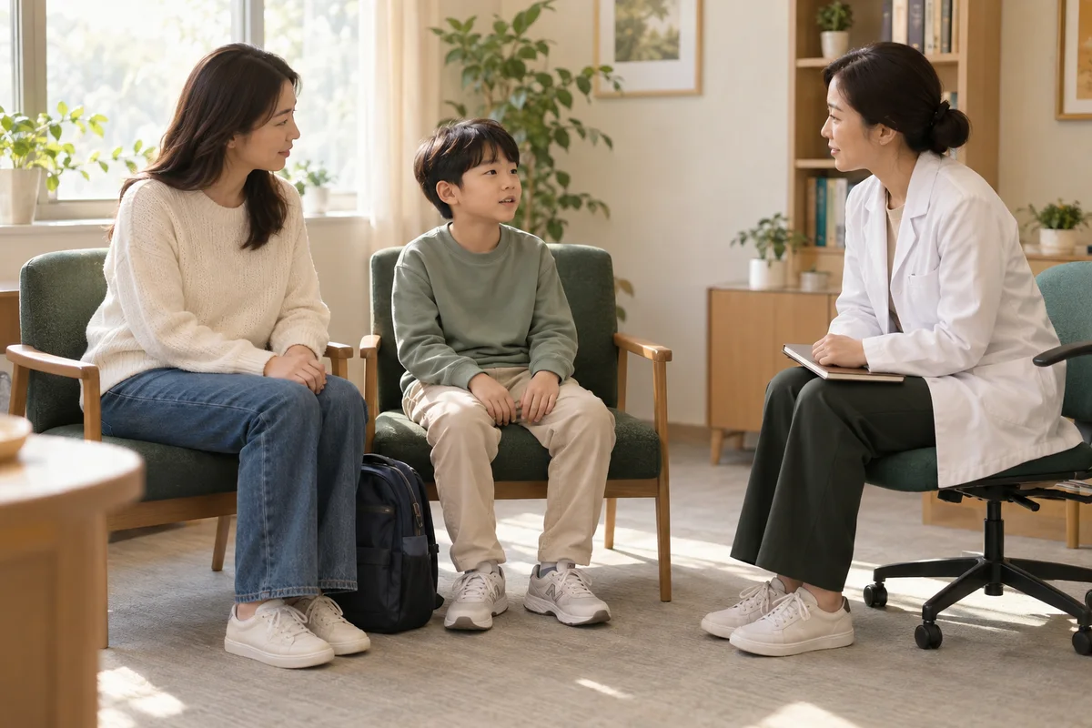 책가방을 곁에 둔 아이가 보호자와 함께 앉아 의료진에게 자신의 이야기를 전하는 상담 장면