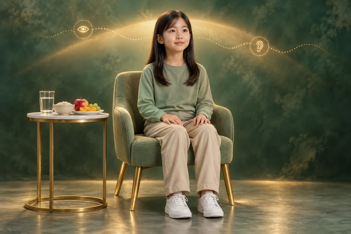 의자에 편안히 앉은 아이 곁에 식사와 물, 감각 모티프와 금빛을 함께 표현한 통합 개념 그림