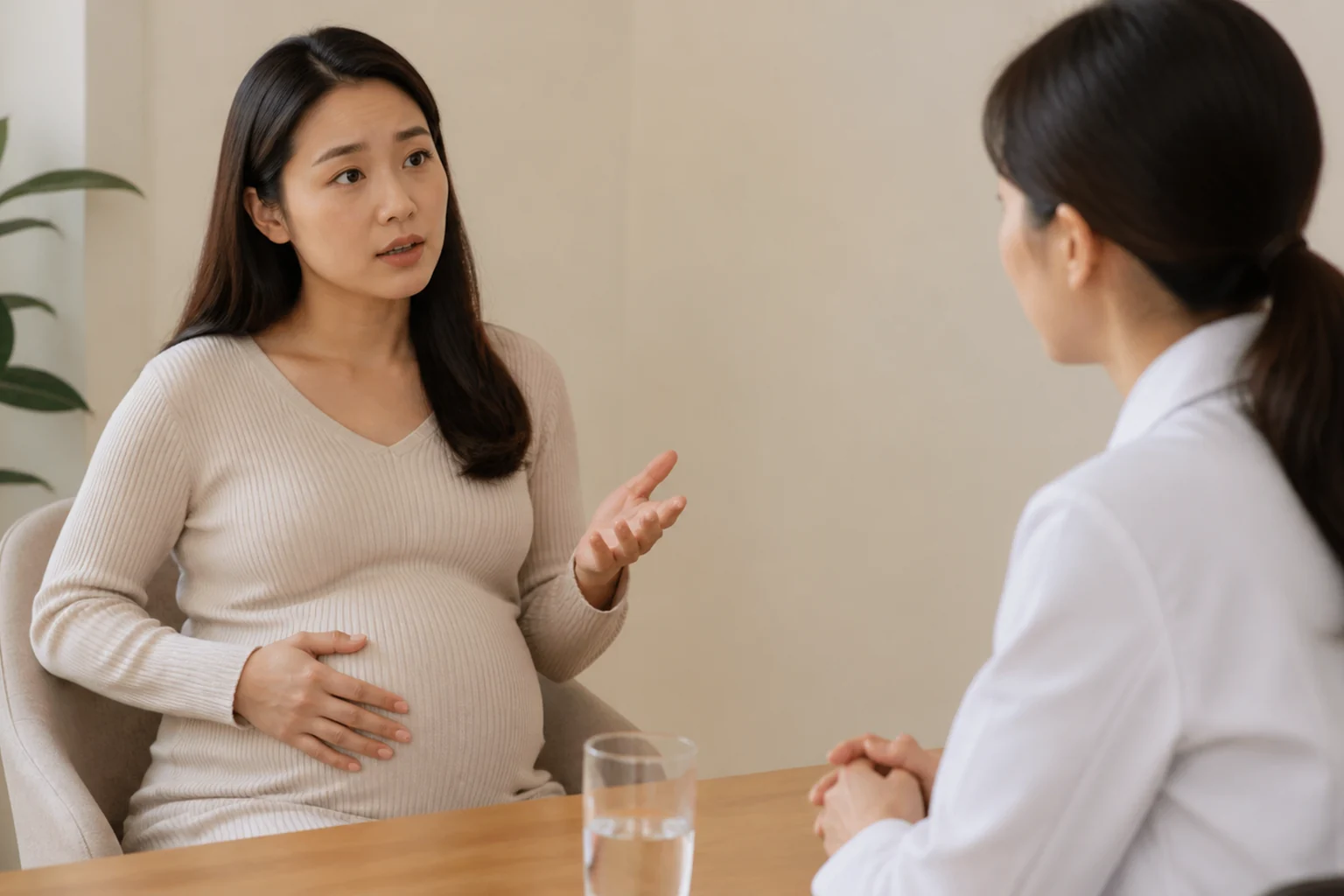 배에 한 손을 둔 여성이 흰 가운의 사람에게 손짓하며 이야기하는 장면