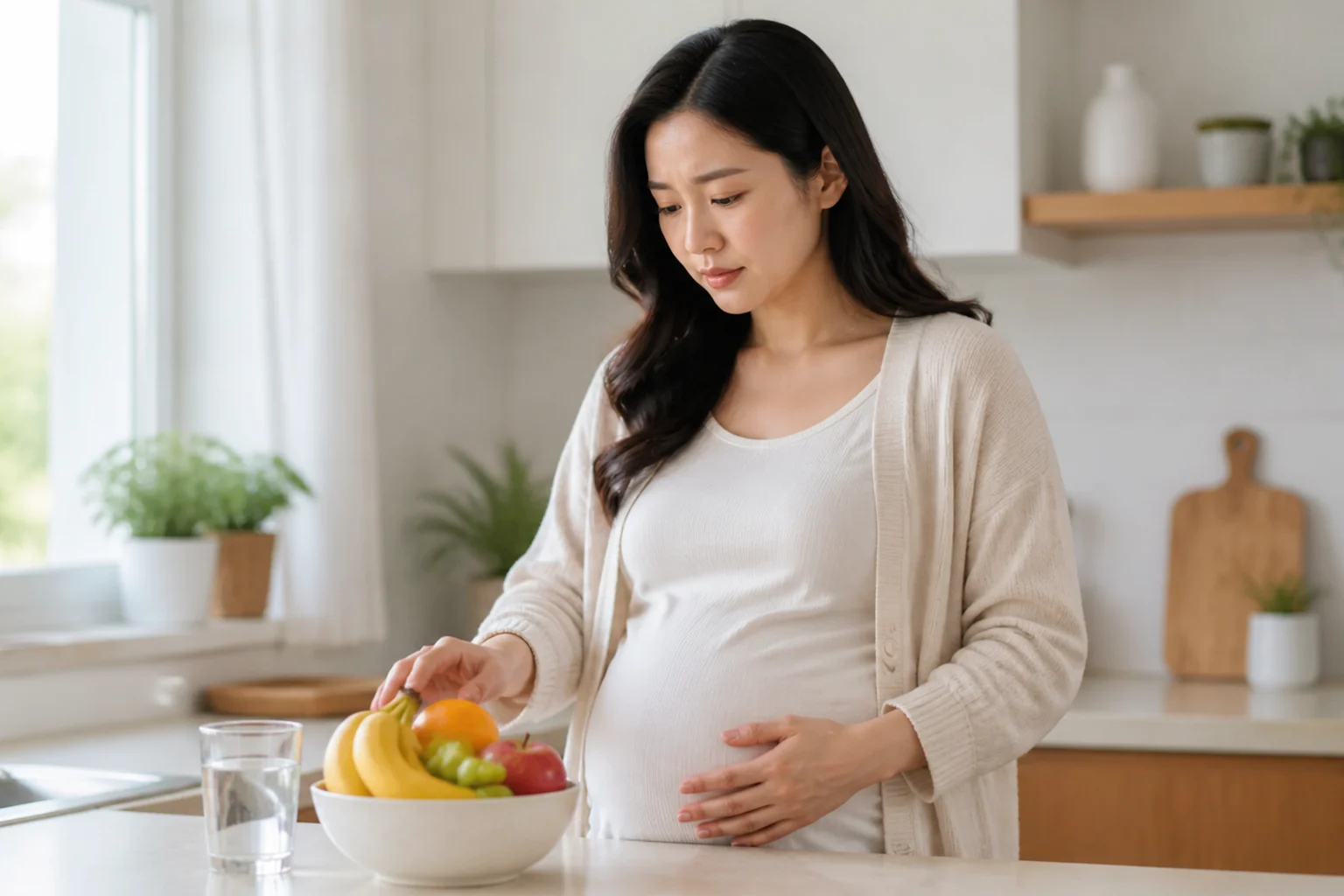 부엌에서 배에 손을 대고 과일을 내려다보는 여성