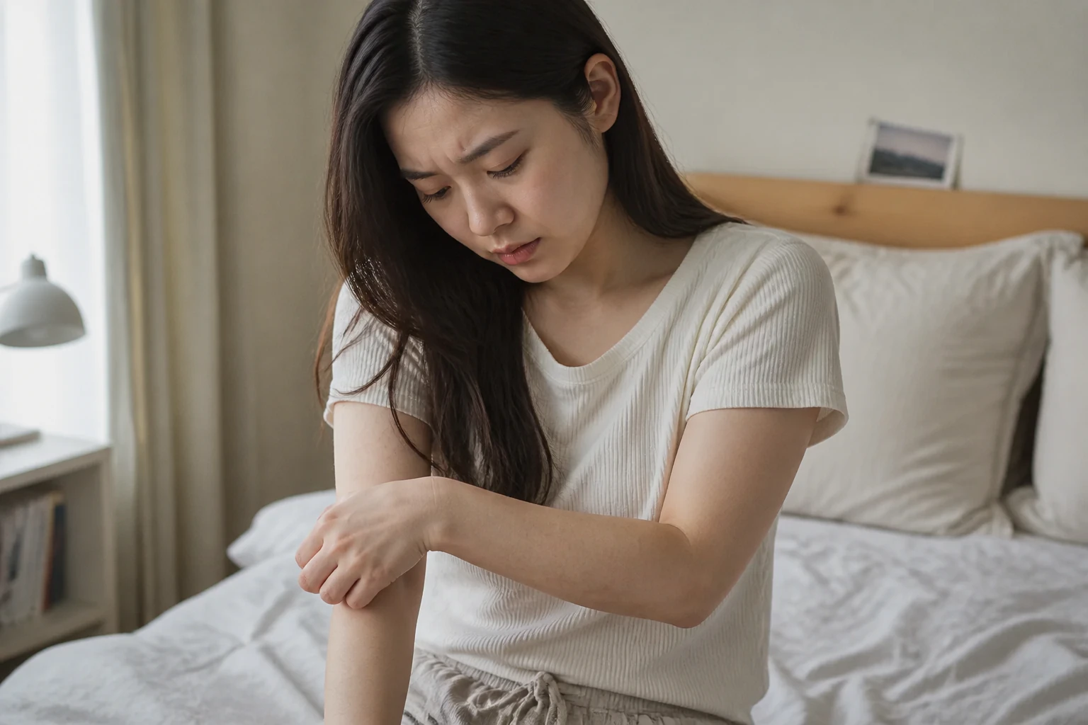 장미색비강진 증상 때문에 일상에서 불편을 겪는 환자 장면
