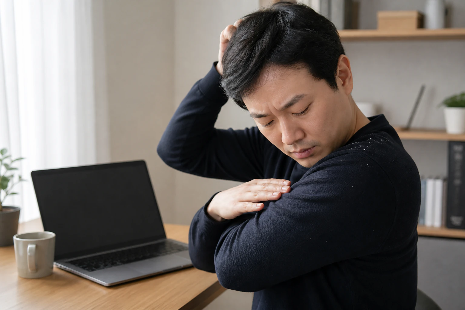 업무를 시작하려다 어깨의 비듬과 두피 가려움 때문에 손을 멈춘 지루성두피염 환자
