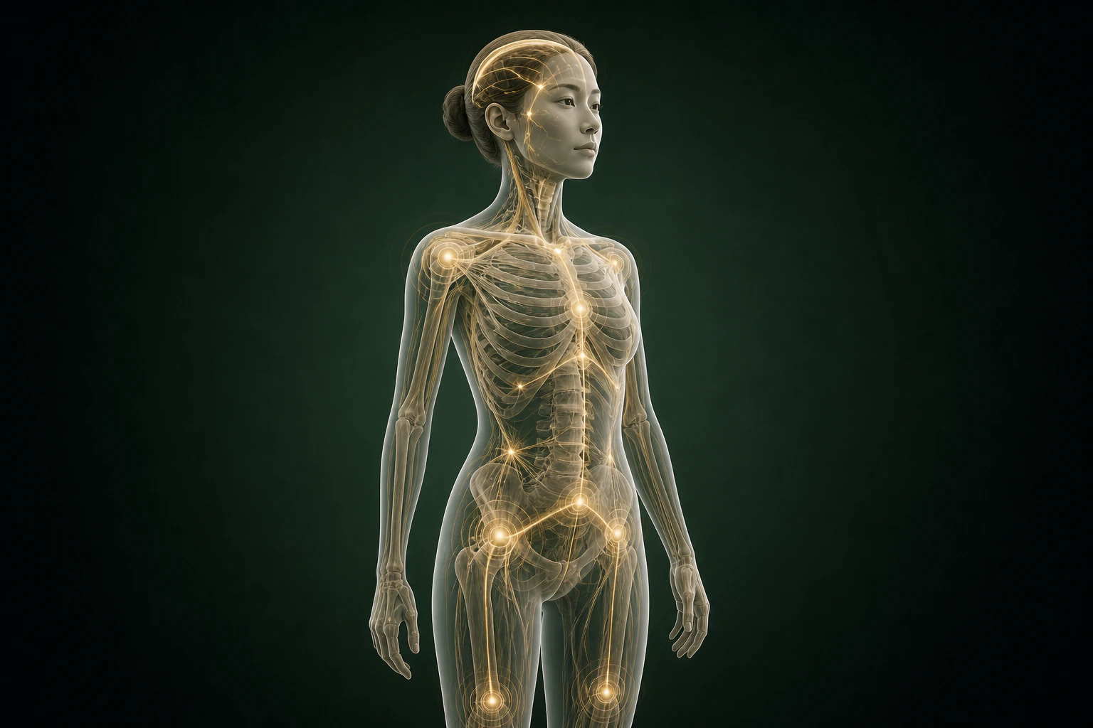 갱년기탈모와 관련된 구조의 흐름을 전신 맥락에서 보여 주는 반투명 3D 의료 렌더