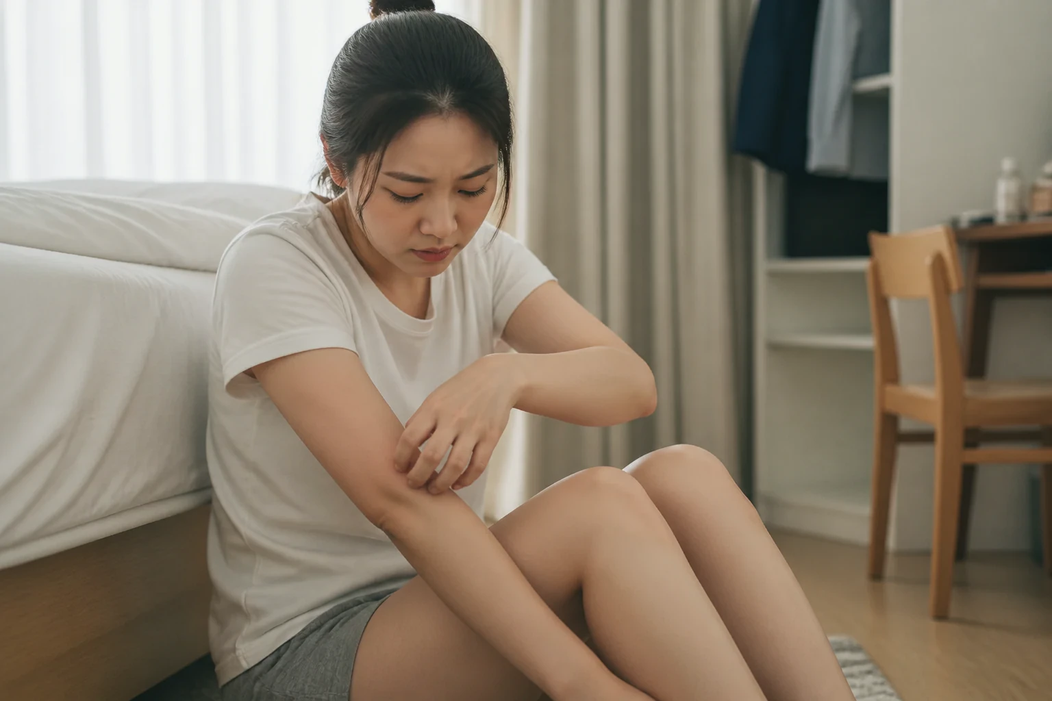 모공각화증 증상 때문에 일상에서 불편을 겪는 환자 장면