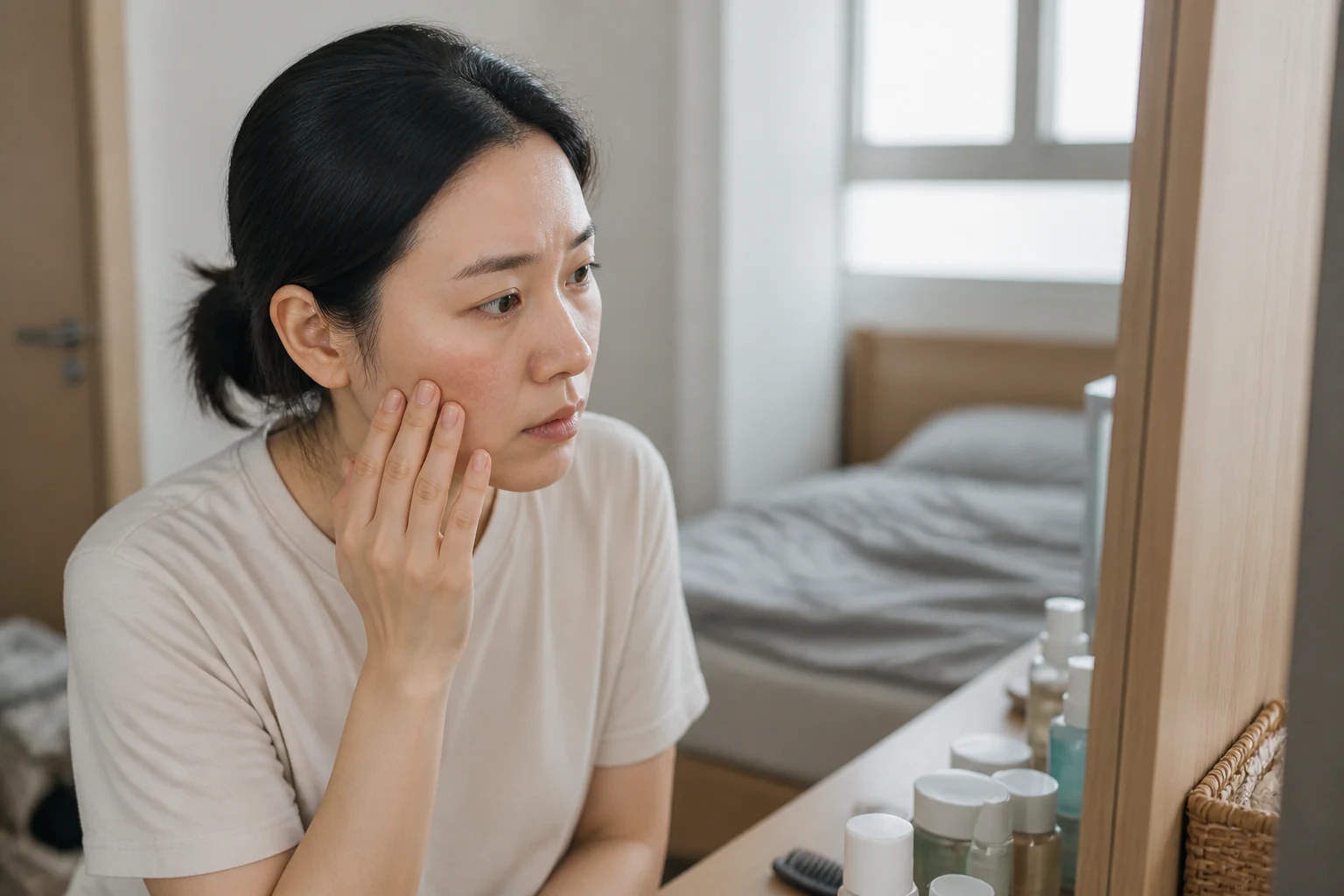 침실 거울 앞에서 손을 볼에 대고 피부를 살펴보는 여성