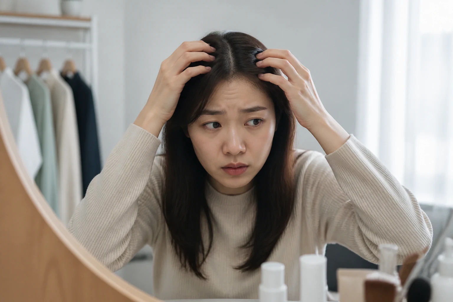 지루성두피염 증상 때문에 일상에서 불편을 겪는 환자 장면