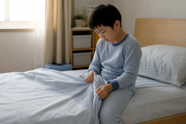 아침 침대에서 침구를 조심스럽게 걷어 들며 난처해하는 한국인 남아