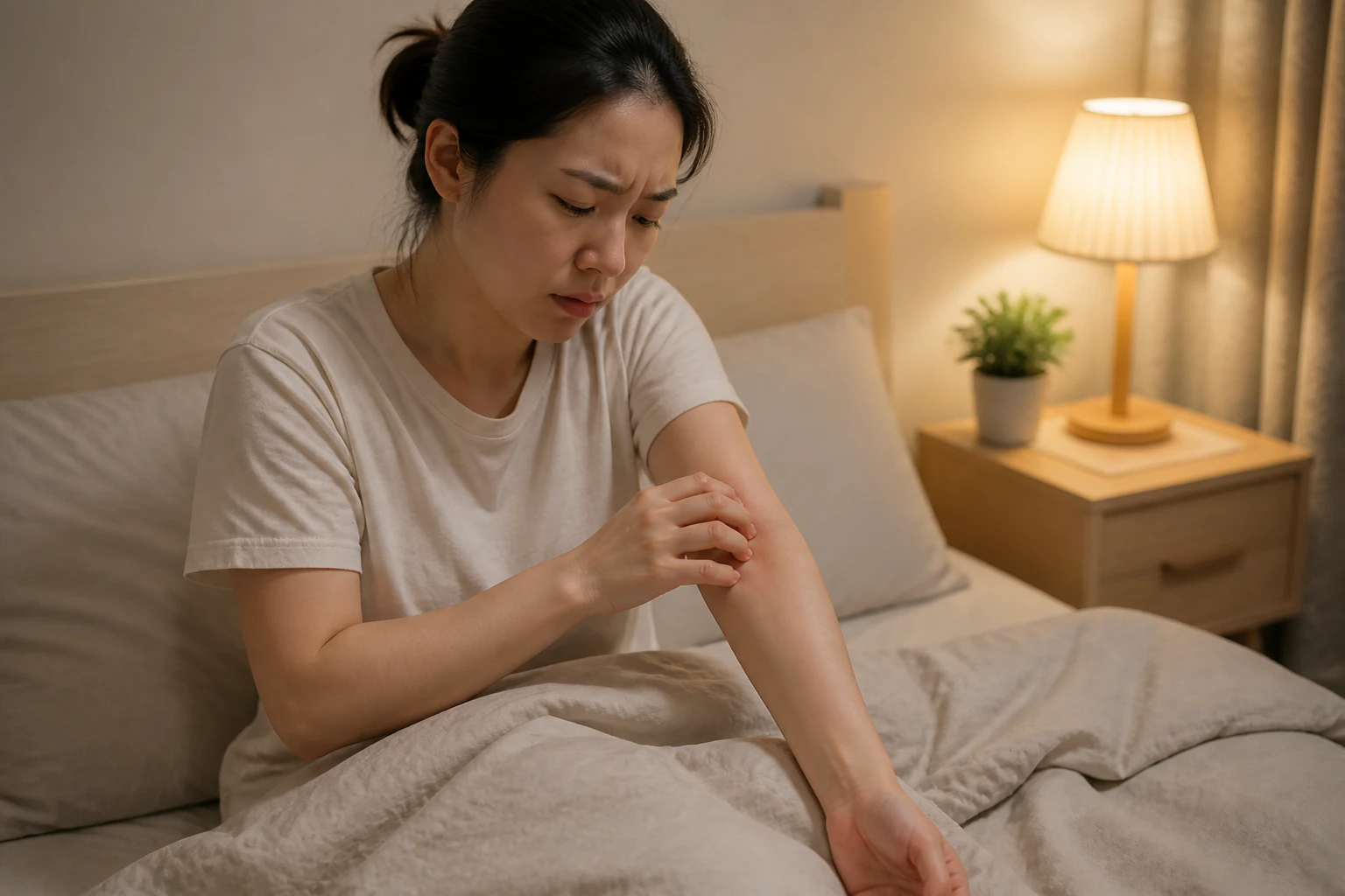 화폐상습진 증상 때문에 일상에서 불편을 겪는 환자 장면