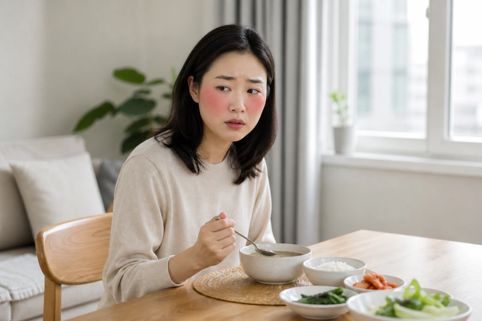 따뜻한 점심을 먹다 갑자기 얼굴이 붉고 화끈거려 숟가락을 멈춘 환자