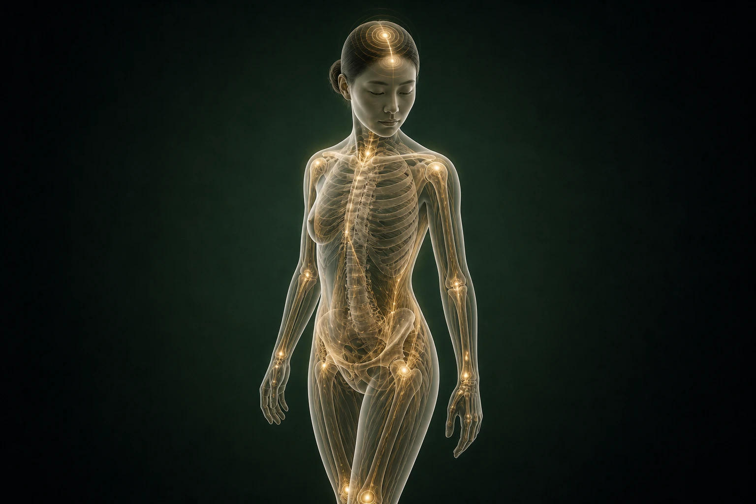 여성형 탈모와 관련된 구조의 흐름을 전신 맥락에서 보여 주는 반투명 3D 의료 렌더