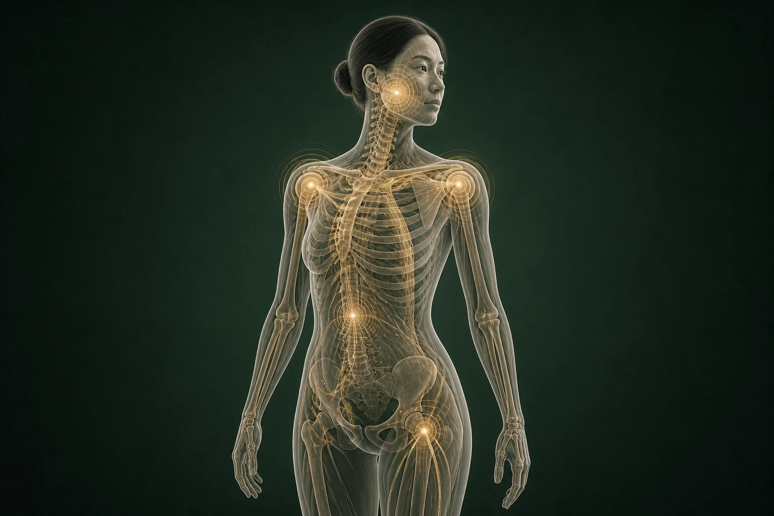 여드름와 관련된 구조의 흐름을 전신 맥락에서 보여 주는 반투명 3D 의료 렌더