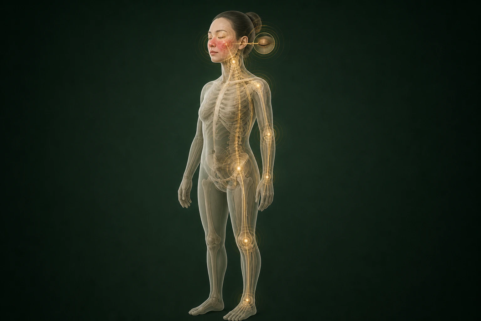 주사피부염과 관련된 구조의 흐름을 전신 맥락에서 보여 주는 반투명 3D 의료 렌더