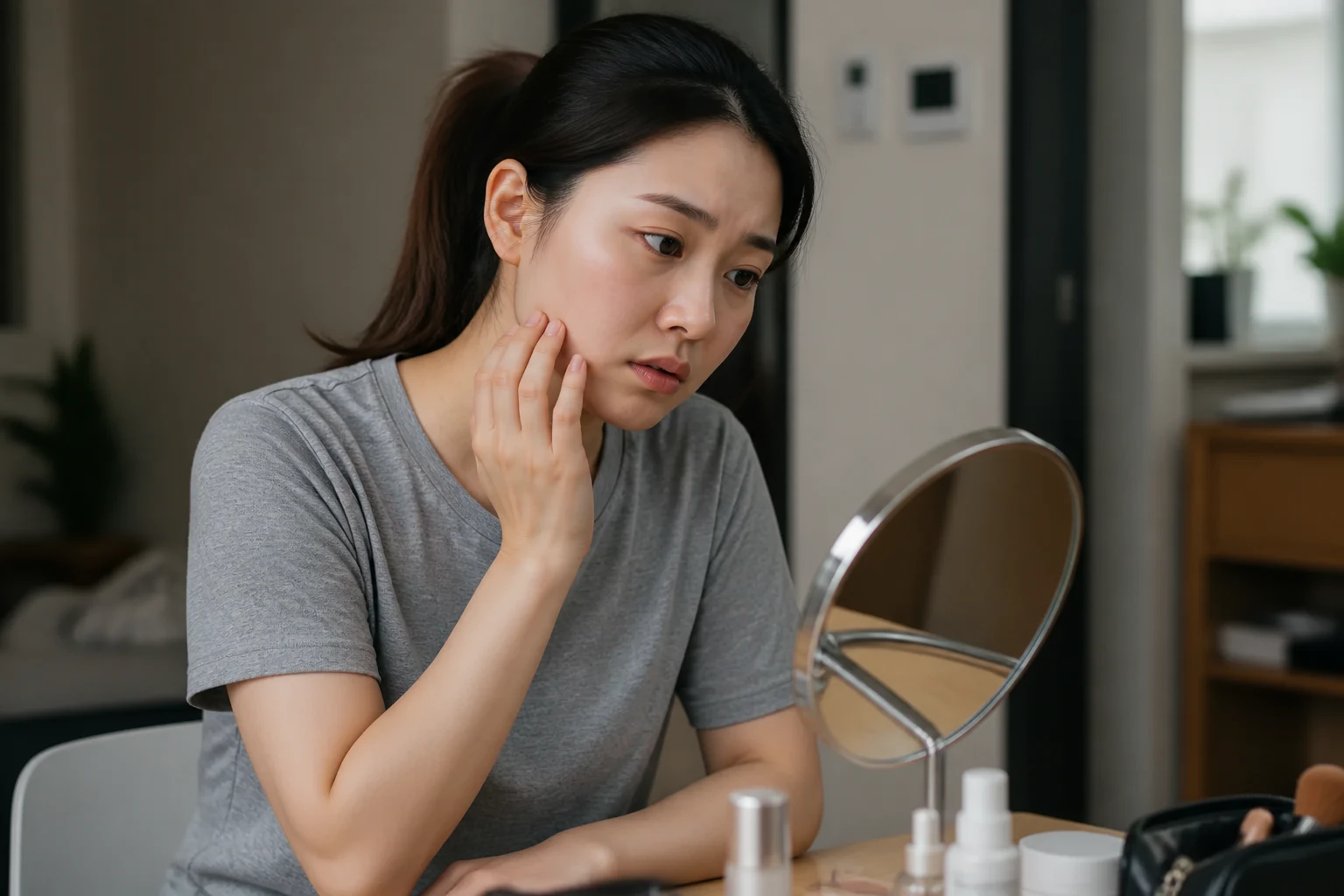 지루성 피부염 증상 때문에 일상에서 불편을 겪는 환자 장면