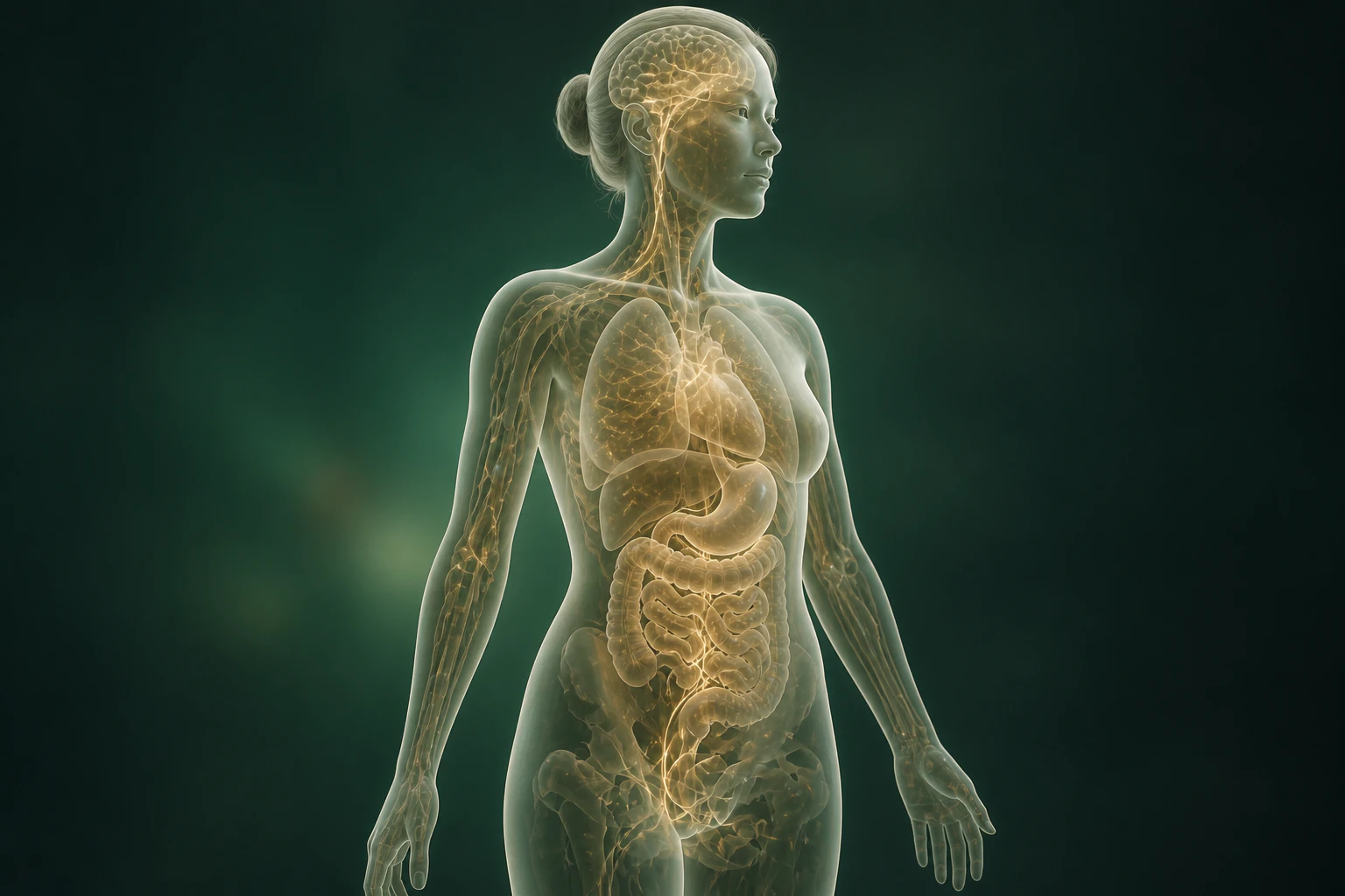 산후탈모와 관련된 물질의 흐름을 전신 맥락에서 보여 주는 반투명 3D 의료 렌더