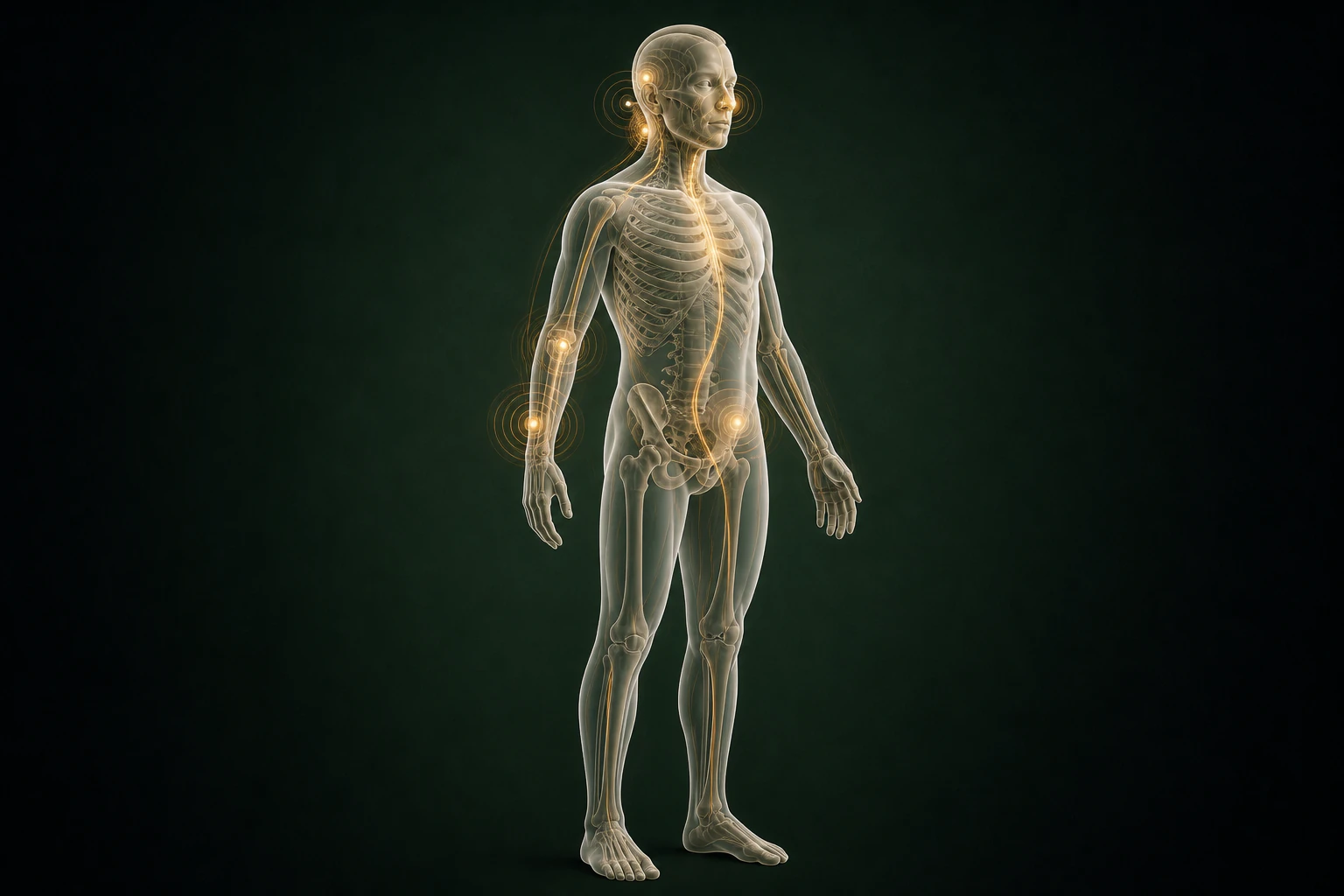 지루성 피부염와 관련된 구조의 흐름을 전신 맥락에서 보여 주는 반투명 3D 의료 렌더