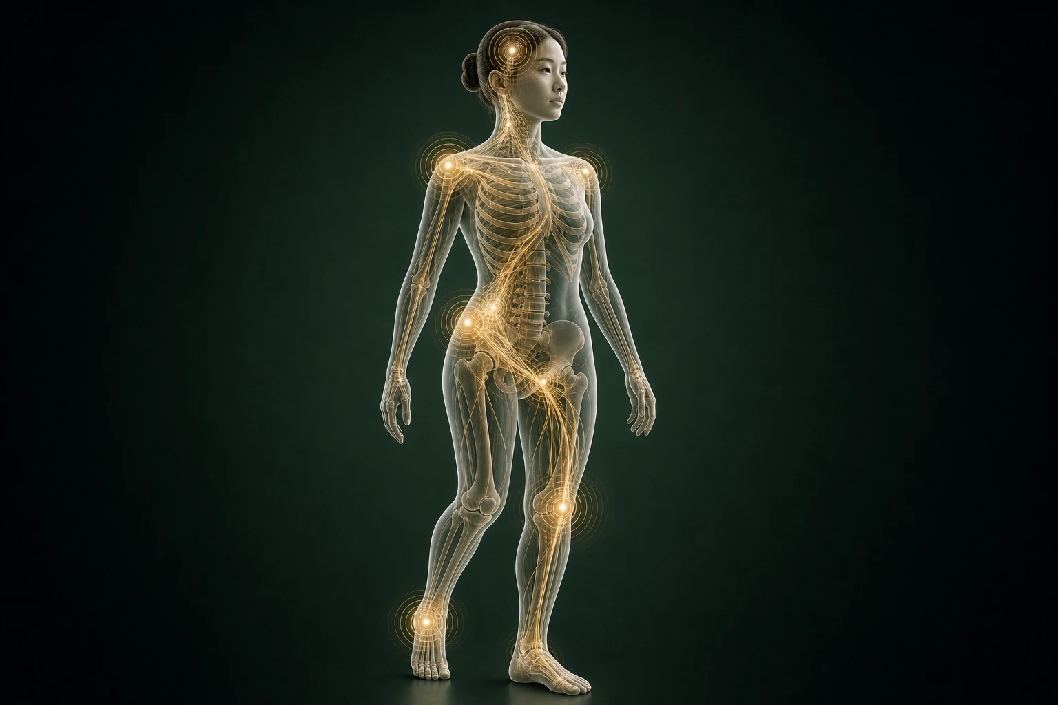 다이어트후탈모와 관련된 구조의 흐름을 전신 맥락에서 보여 주는 반투명 3D 의료 렌더