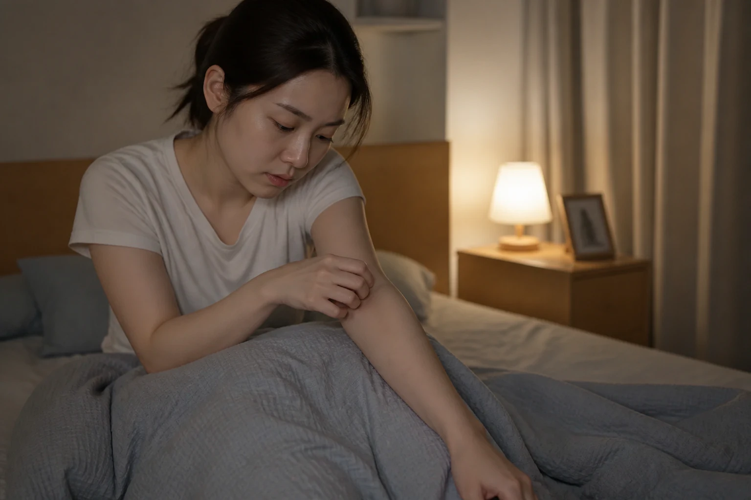 결절성 양진 증상 때문에 일상에서 불편을 겪는 환자 장면
